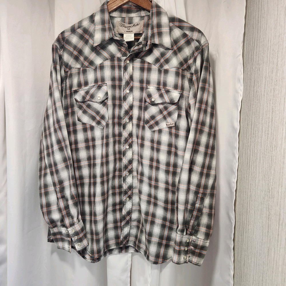 Wrangler Wrancher Pearl Snap Long Sleeve Plaid Shirt Men's Sz XL Black White Red